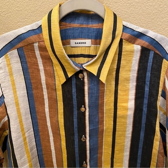 NWT~SANDRO Women Bronx Striped Linen Blend Button Short Sleeve Top Size 3(L) - Picture 4 of 15